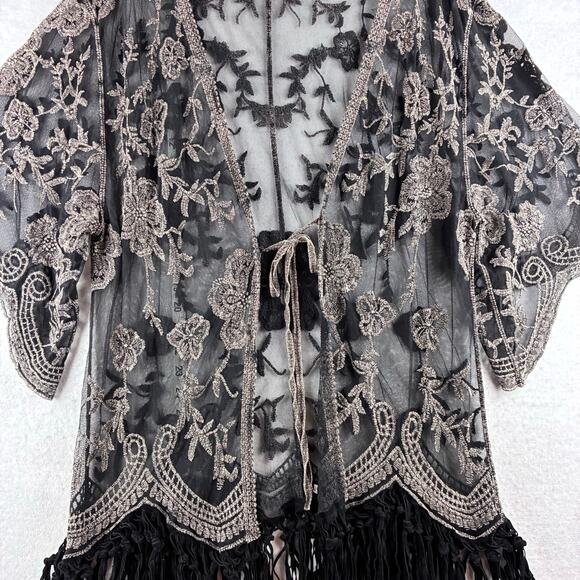 Origami Vivien Kimono Womens OS Embroidered Lace Sheer Boho Gypsy Leather Fringe - Picture 3 of 16